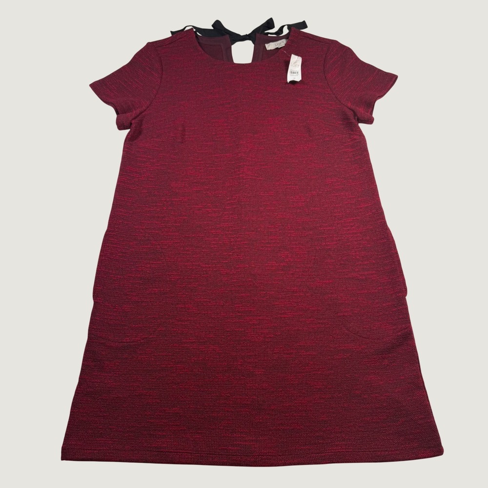 NWT Loft Womens Burgundy Space Dye‎ Knit Shift Dress with Back Tie Bow Size 12